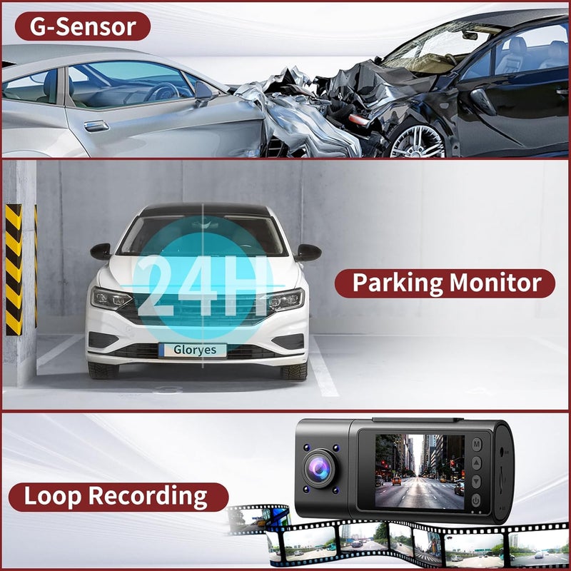 Gloryes 2025 Dash Cam, 3 Channel Dash Cam Front and Rear Inside, Interior Car Camera,2.5K/1440P Single Front Dash Camera,IR Night Vision, G-Sensor, Free 32G SD Card, Parking Monitor 1S Recording - Image 5